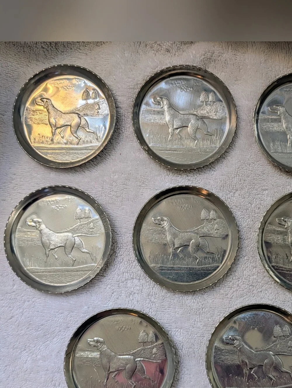 Vintage MCM Forged Aluminum Coaster Set 8 In Box Hunting Dog German Shorthaired